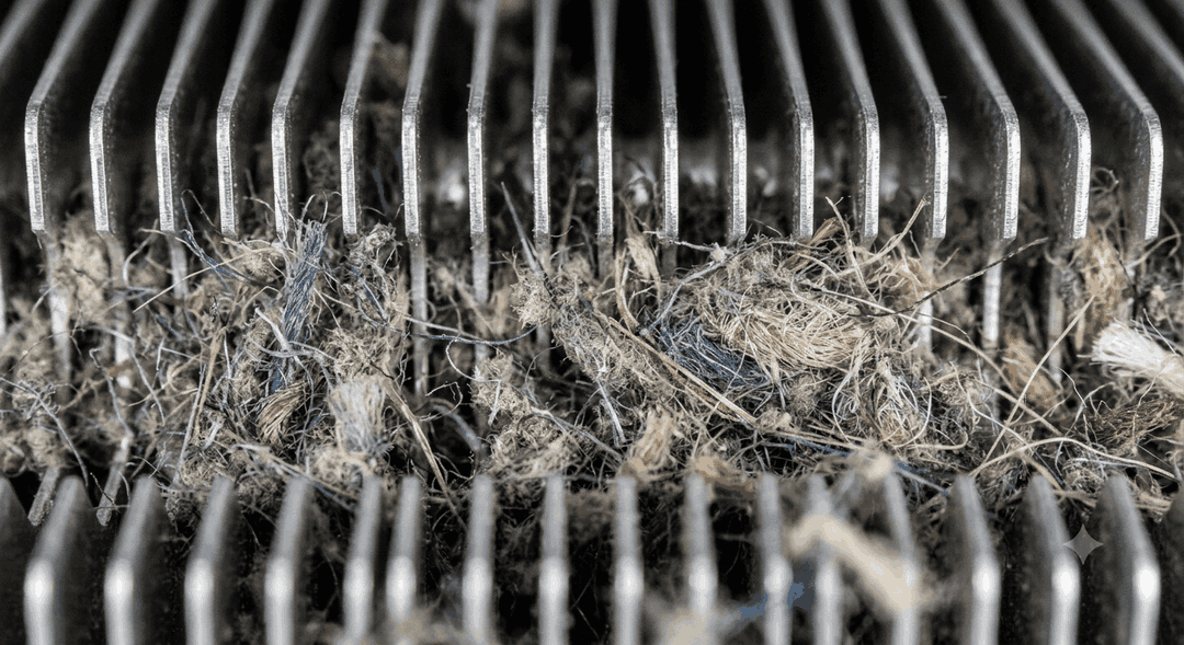 heatsink fin array completely bridged by dense carpet fiber and dust
