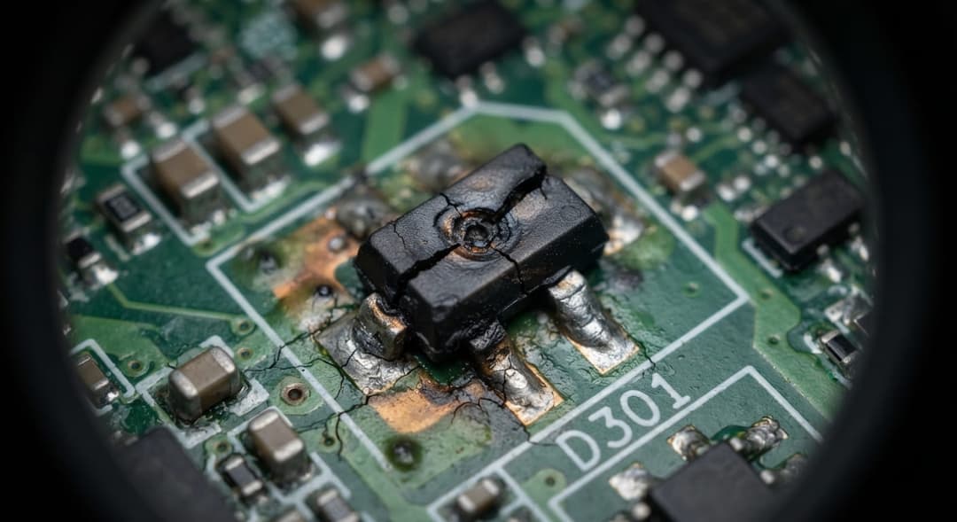 Close-up macro photo of a burnt TVS diode package on an automotive ECU circuit board showing thermal cracking.