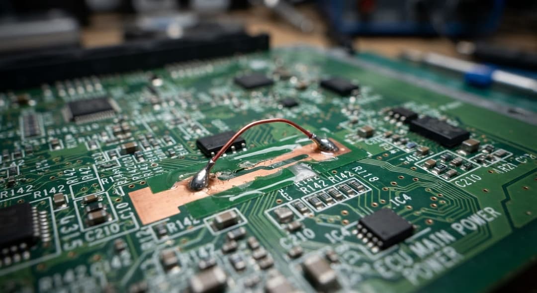 Macro view of a repaired PCB trace on an ECU using an insulated copper wire jumper bridge.