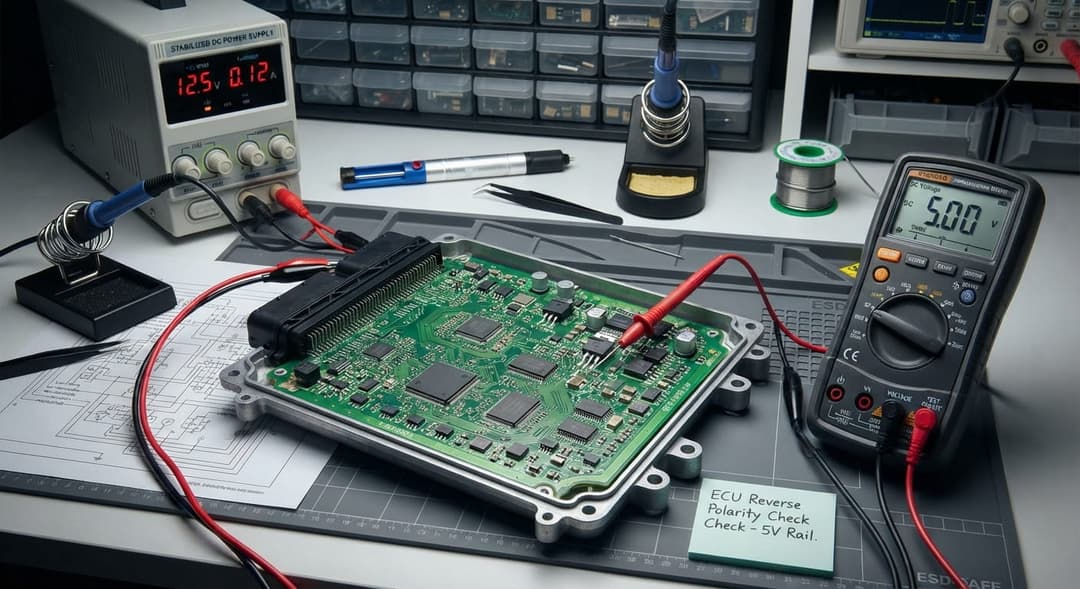 Bench setup showing a dismantled automotive ECU connected to a stabilized DC power supply and a digital multimeter for polarity fault tracing.