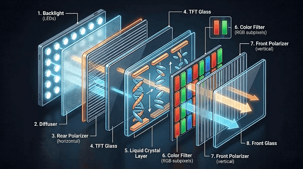 Diagram showing TV layers: LCD panel vs Backlight layer