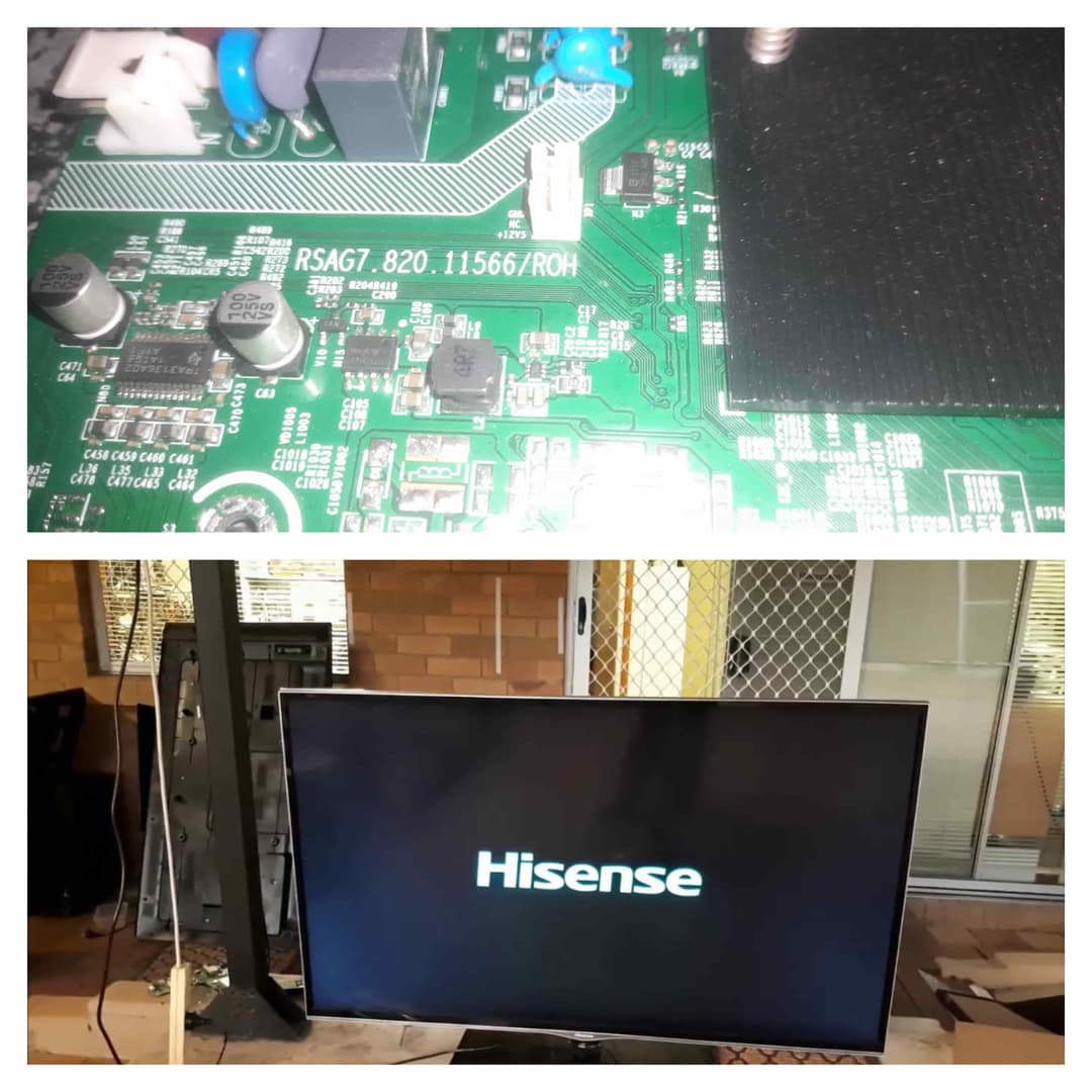 A TV screen stuck on the Hisense logo