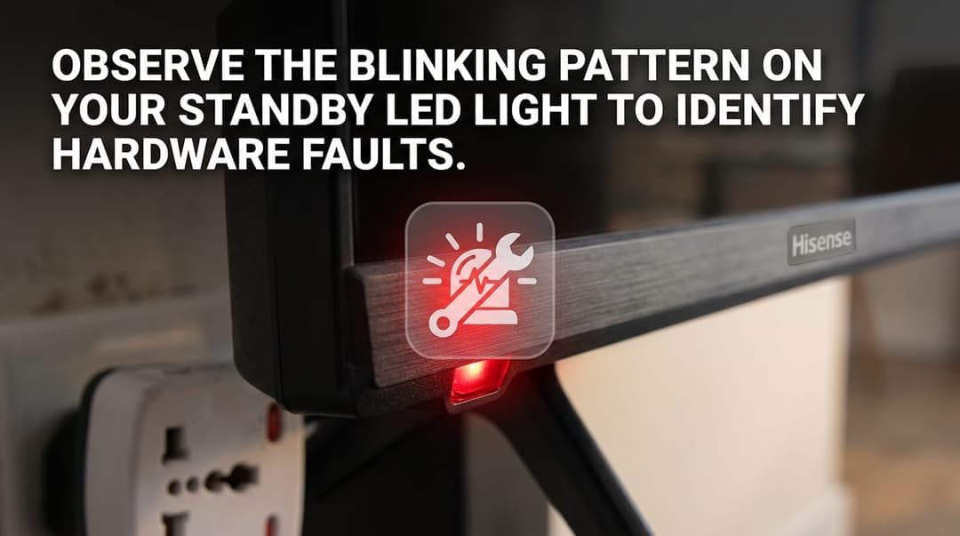 Close-up of the red LED standby light on a Hisense TV frame with a troubleshooting icon overlay