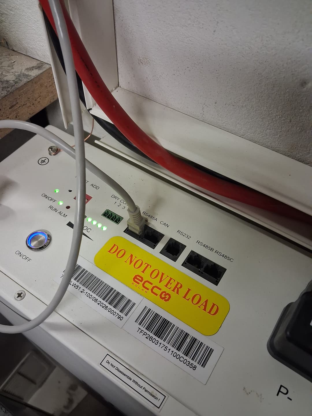 Close-up of CAN communication cable and DC terminal connections