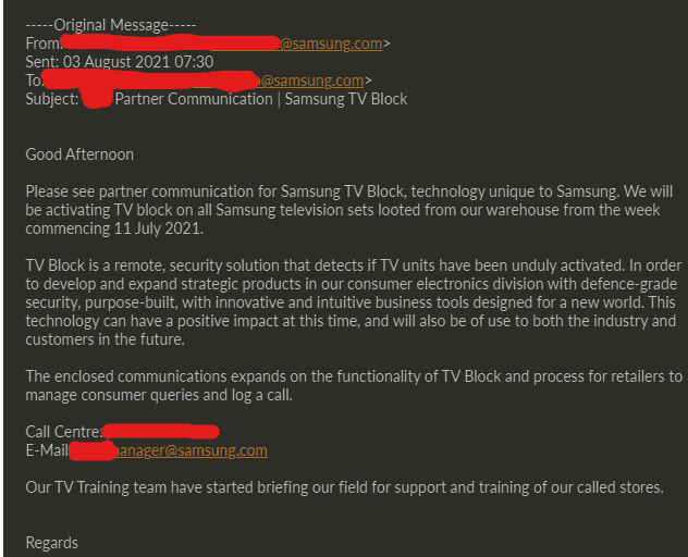 the email Samsung sent to its official retailers and resellers