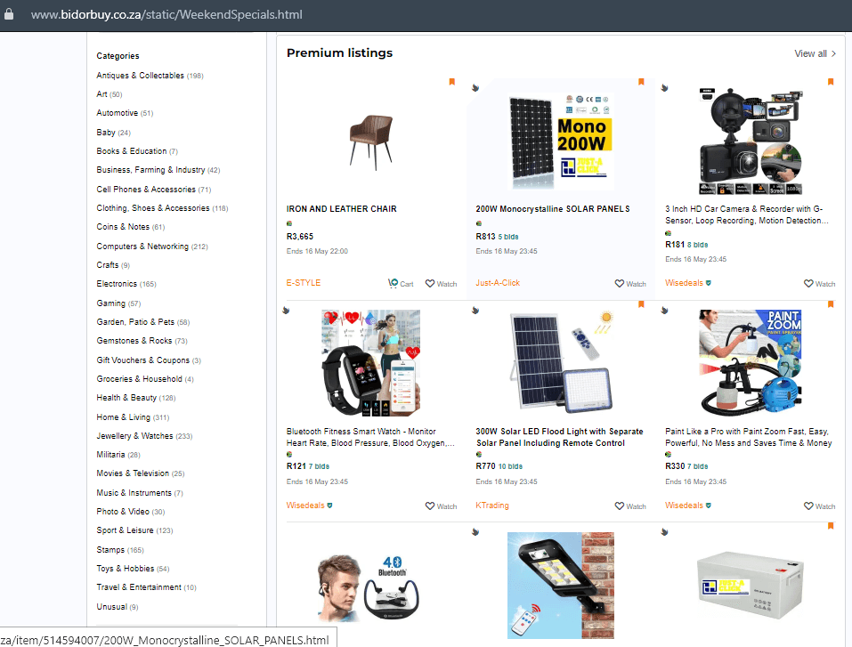 BidOrBuy screen with solar equipment being the majority of listings