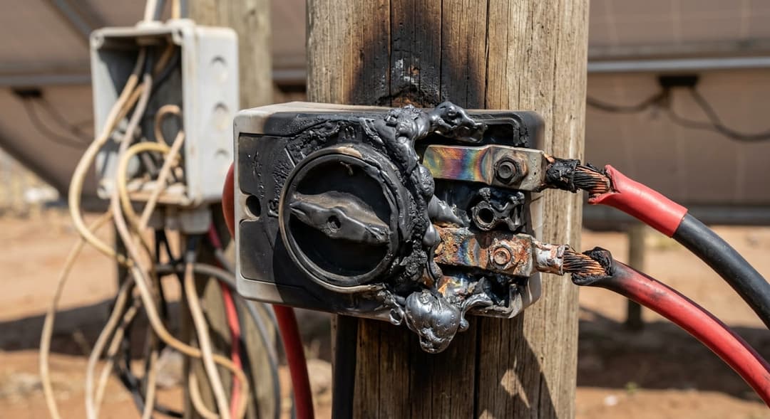 A detailed close-up of a damaged, melted DC isolator switch